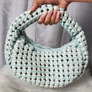 Woven Blue & White Vegan Leather Shoulder Bag Faux Leather Sincerely Jules NEW